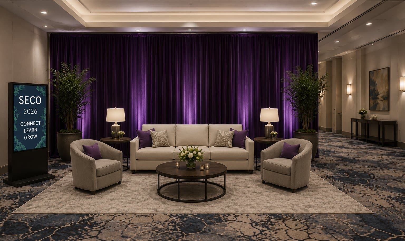 Mock-up of the SECO 2026 Charging Lounge: a sofa and armchairs around a low table on an area rug, set against a purple draped backdrop and flanked by a SECO 2026 digital sign in the hotel prefunction space.